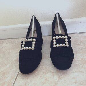 Louise et Cie Faux Pearl Black Suede Idali Loafer Pumps Size 8.5 Block Heel